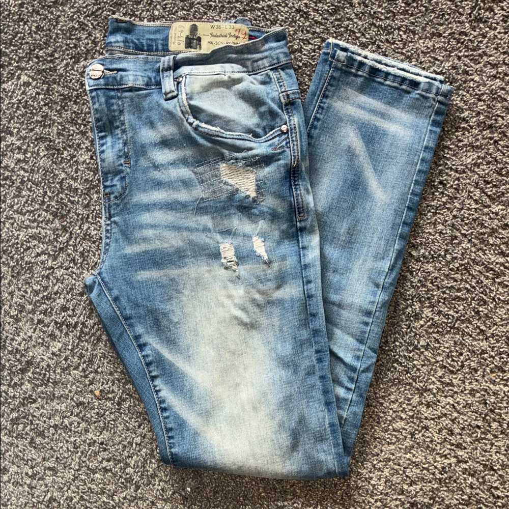 Industrial Indigo Light Wash Distressed Skinny Jeans